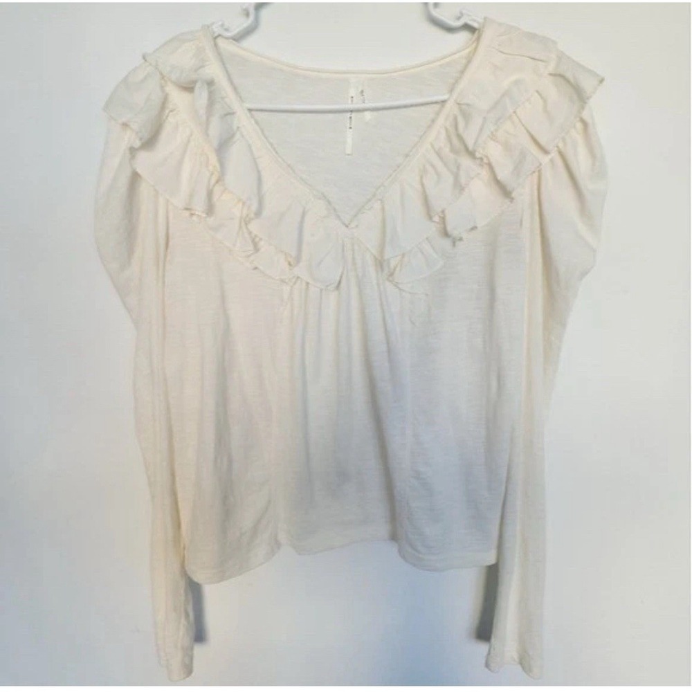 Anthropologie Double Ruffled Poet Puff Sleeves Victorian Short Top Cream XS/2